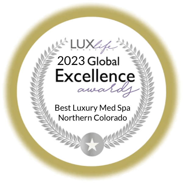2023 LUXlife Global Excellence Award badge for Best Luxury Med Spa in Northern Colorado.