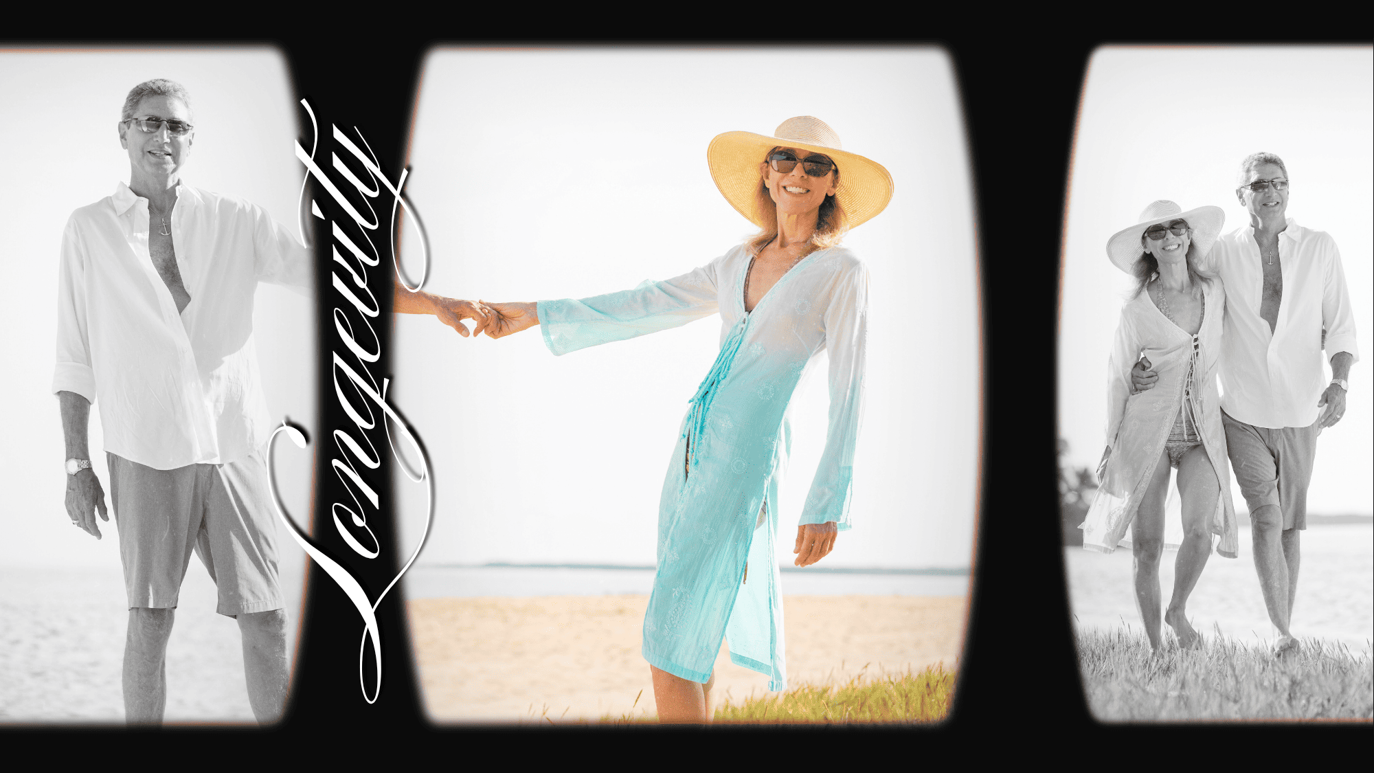 Older couple on a sunny beach. Woman in blue dress, straw hat, holding man's hand. Man in white shirt, shorts. Word "Longevity" in script.