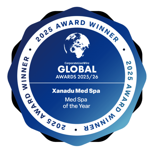 Hexagonal blue award badge for "Xanadu Med Spa, Med Spa of the Year," by Corporate LiveWire Global Awards 2025/26, featuring an Earth graphic.