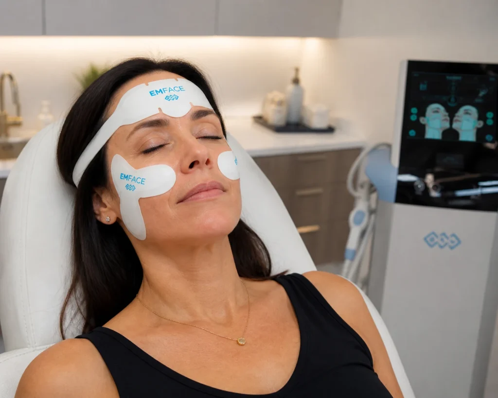 Alt Text: Woman receiving Emface muscle toning treatment in Fort Collins at Xanadu Med Spa